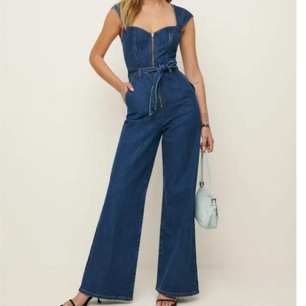 Reformation Calypso wide leg denim jumpsuit